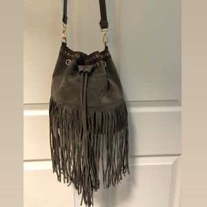 Grey Suede Boho Bucket Bag with Tassels